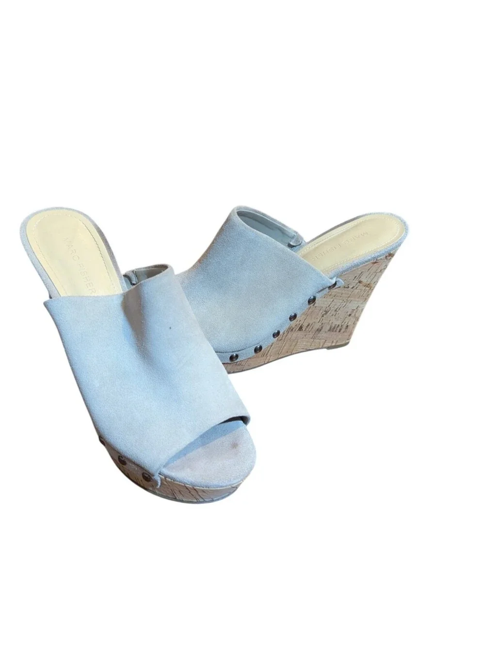 Marc Fisher Nude Cream Nubuck Suede Cork Hi Wedge Coastal  Slides Sz 9.5